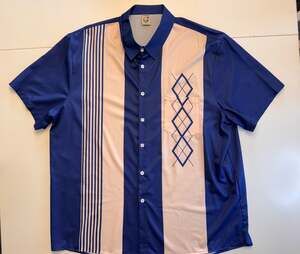 Hardaddy Men's Vintage 1950s Style Bowling Shirt Blue Geometric Stripe XXL